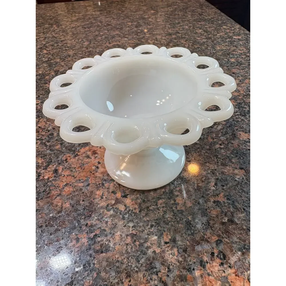Vintage Anchor Hocking Old Colony Lace Edge Milk Glass Pedestal Candy Dish 5